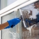 Professional cleaning windows of retail store