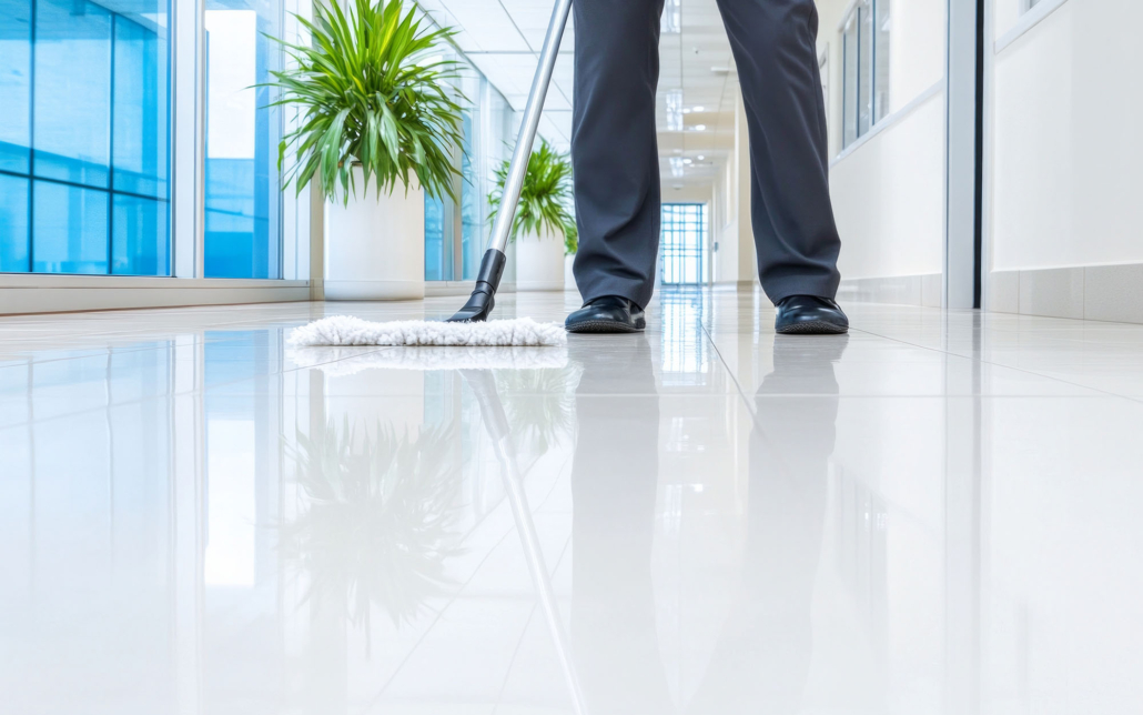 Floor View Of A Person Cleaning With White Mop 1029515301