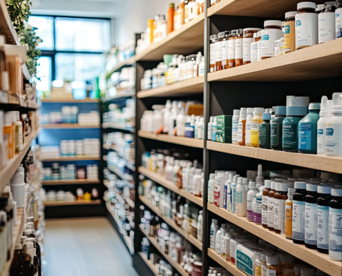 Well Organized Display Of Various Health Supplements In Store Aisle